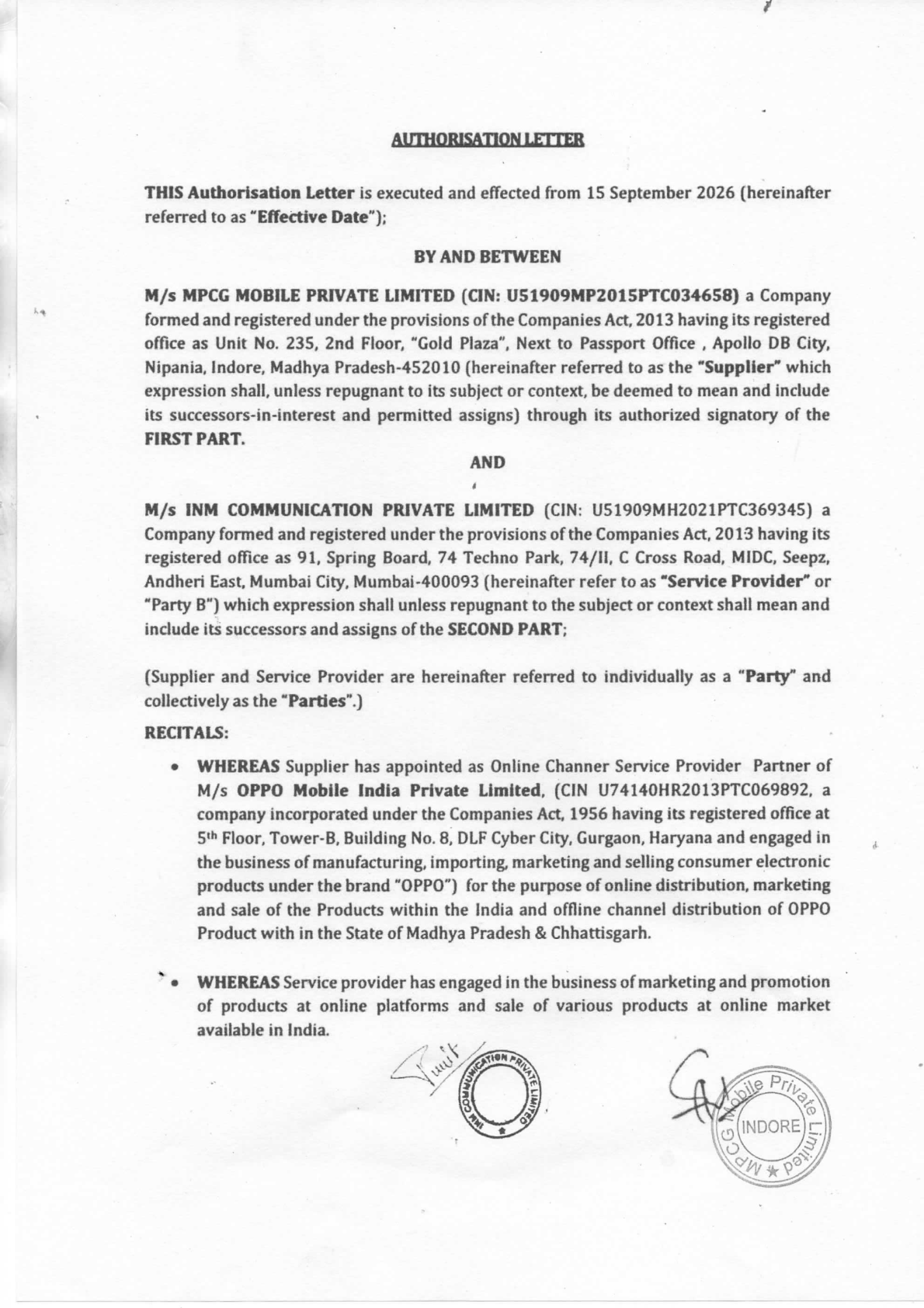 OPPO authorisation letter page 1 – title page naming MPCG Mobile Private Limited (Indore) and INM Communication Private Limited (Mumbai), effective 15 September 2026 - page 1