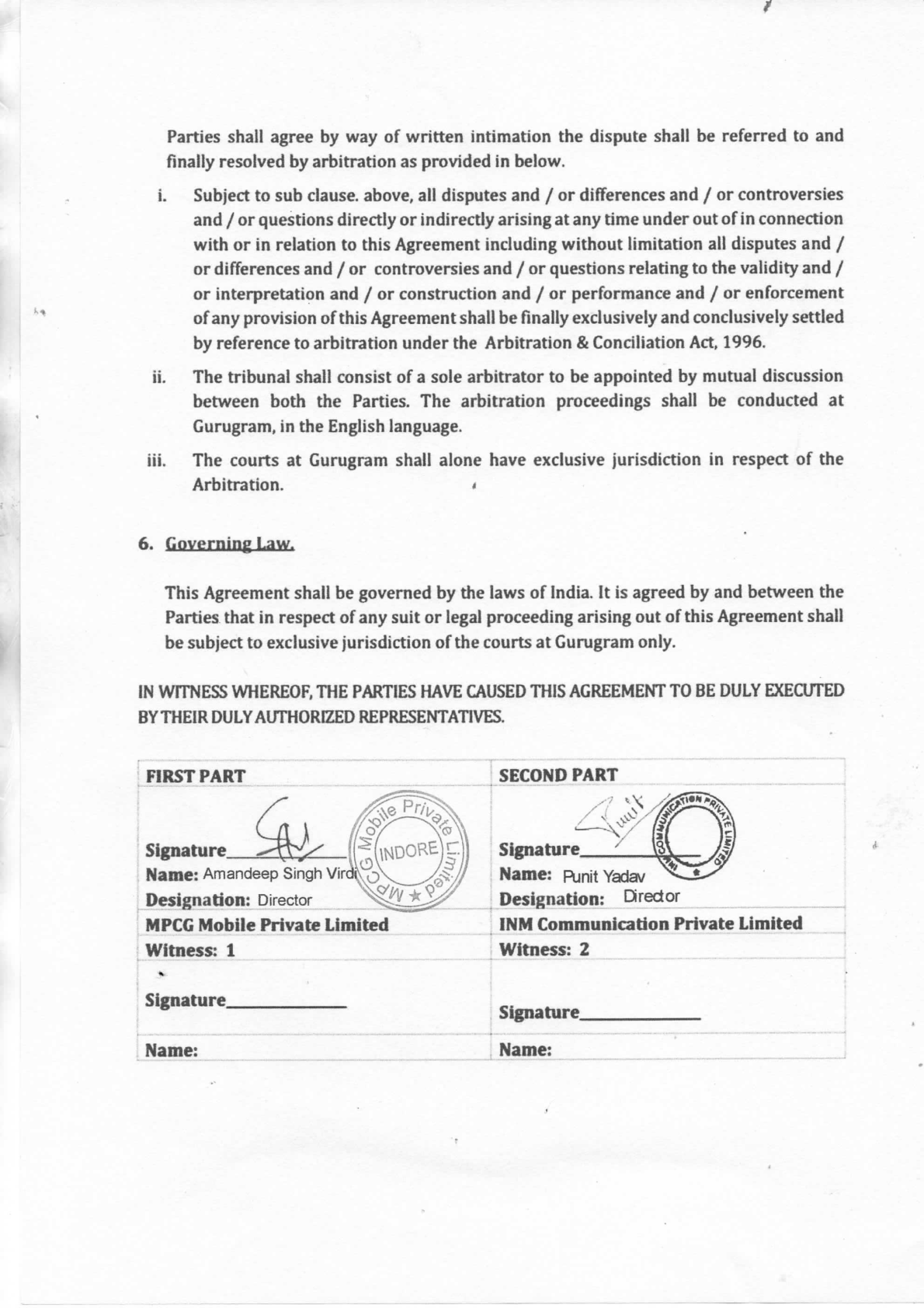 OPPO authorisation letter page 7 – governing law and arbitration clauses, signed and stamped by directors of MPCG Mobile Private Limited and INM Communication Private Limited with witnesses - page 7