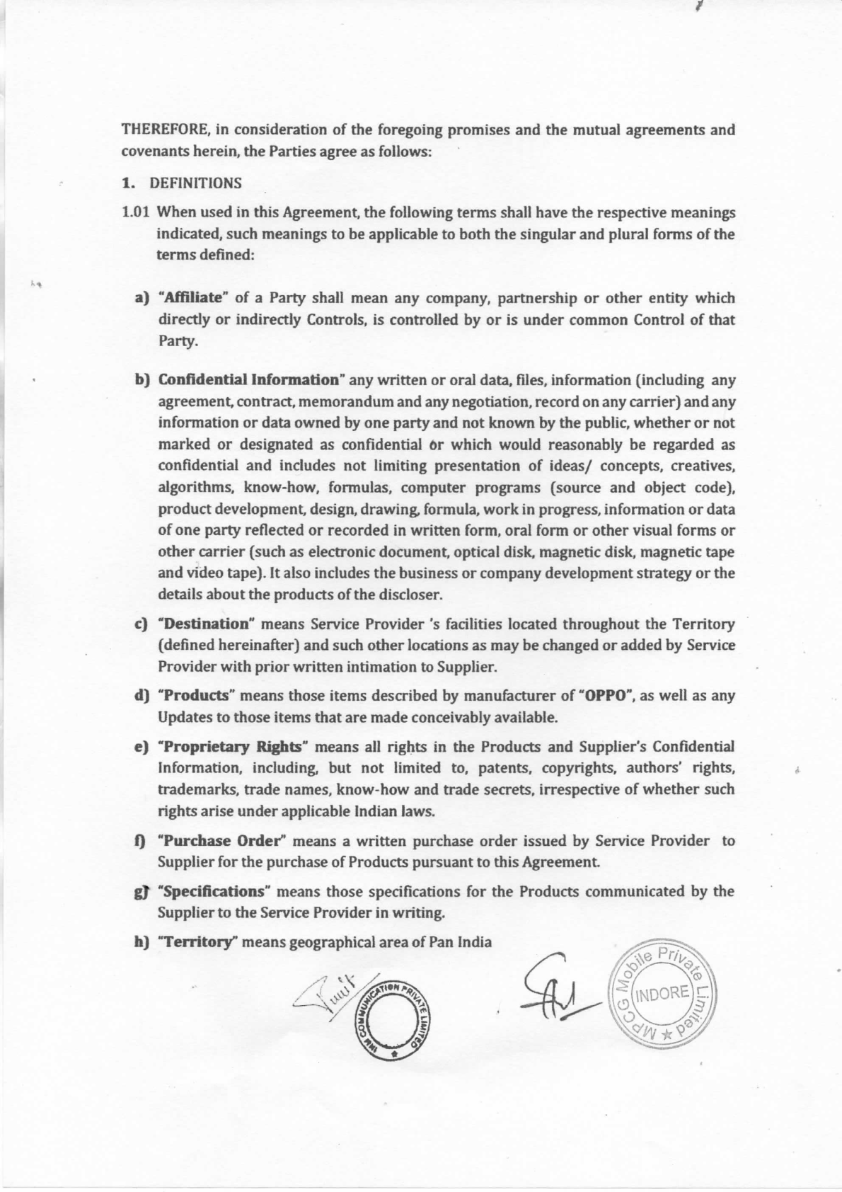 OPPO authorisation letter page 2 – definitions of affiliate, confidential information, destination, products, proprietary rights, purchase order, specifications and territory - page 2