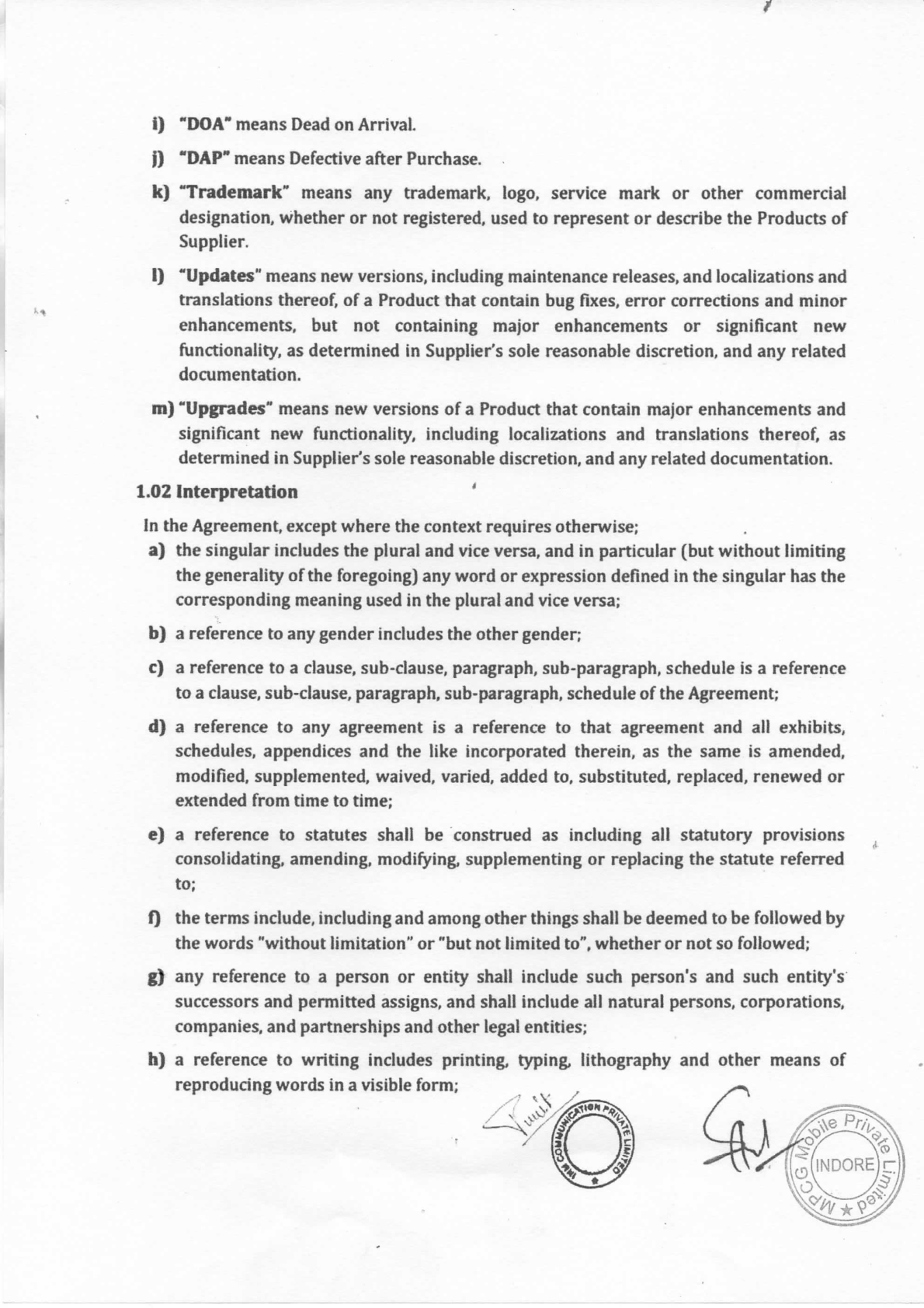 OPPO authorisation letter page 3 – definitions of DOA, DAP, OPPO trademark, software updates and upgrades, with contract interpretation rules - page 3