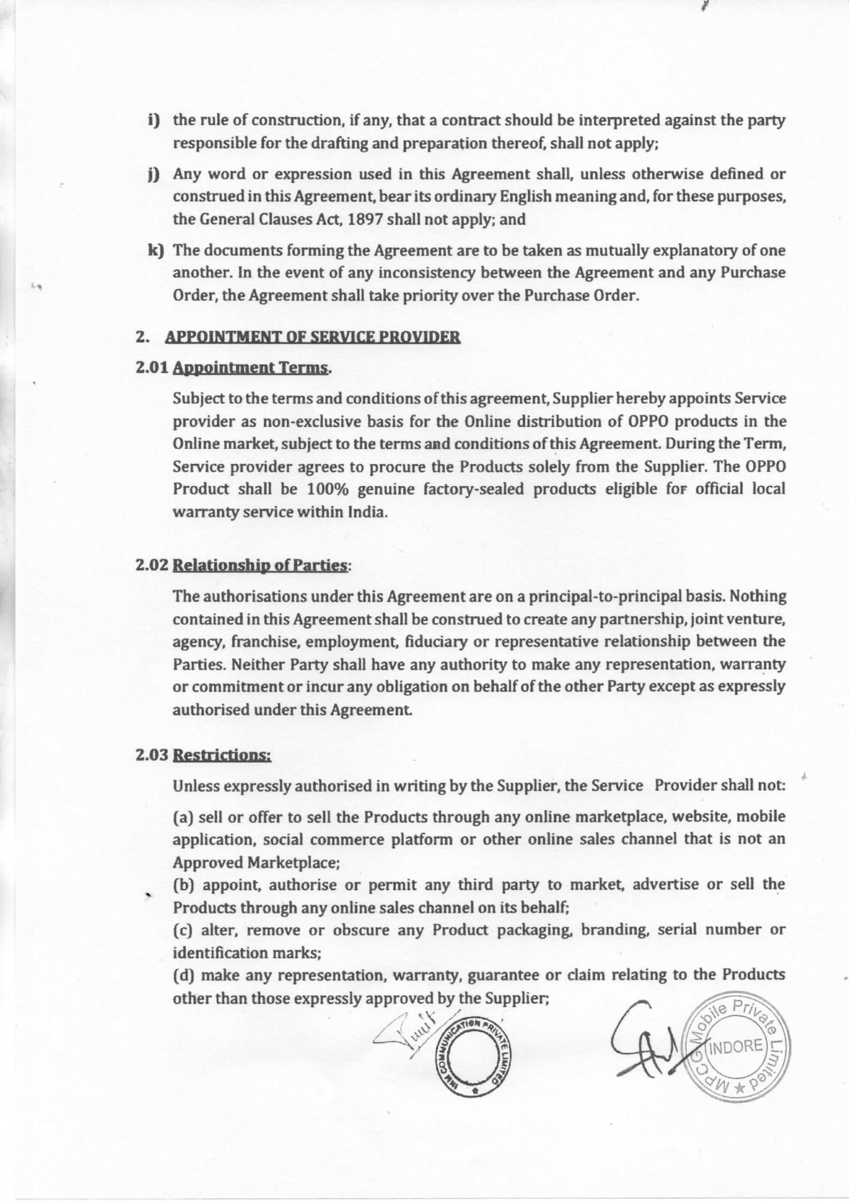 OPPO authorisation letter page 4 – appointment of MPCG Mobile as non-exclusive online service provider for OPPO products in Madhya Pradesh and Chhattisgarh, approved marketplaces and restrictions - page 4