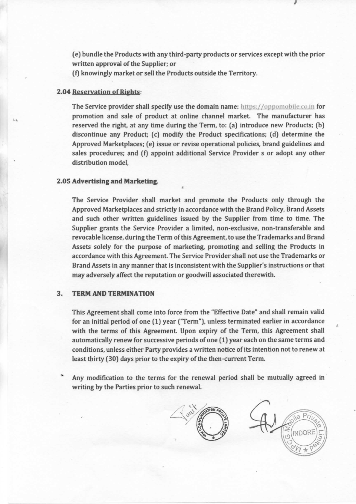 OPPO authorisation letter page 5 – online sales restrictions, brand asset and trademark guidelines, and one-year agreement term with renewal and termination clauses - page 5
